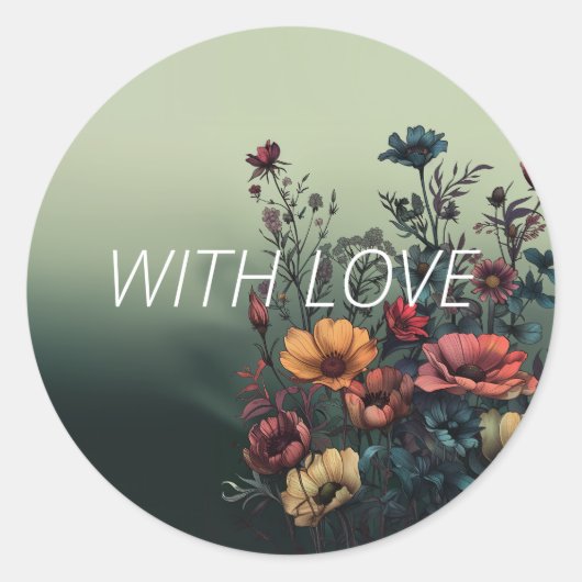 「With Love」ティール（緑がかった色）エレガントフローラ封筒用シール ラウンドシール (正面)