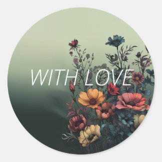 「With Love」ティール(緑がかった色)エレガントフローラ封筒用シール ラウンドシール