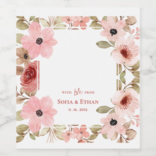 “With Love From” Blush Pink Floral Wedding ワインラベル (シングルラベル)