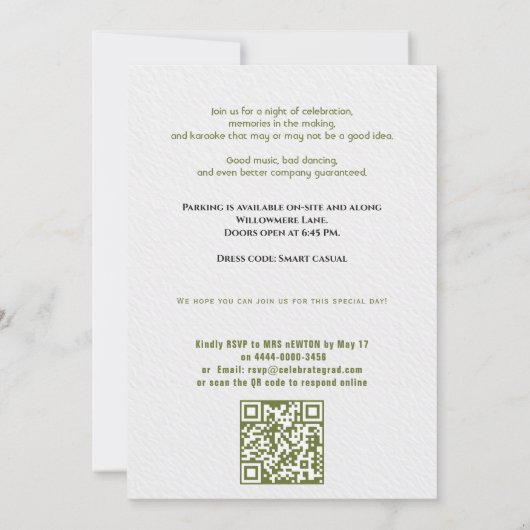 With QR code Class Year Photo Grad Party Invite 招待状 (裏面)