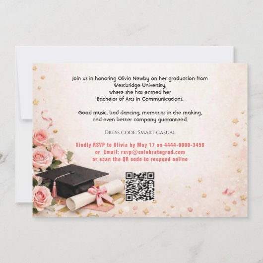 🎓With QR code Horizontal Pink & Gold Floral 招待状 (裏面)
