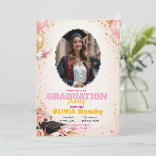 🎓With QR code Pink &  Balloon Glow Graduation 招待状 (スタンド正面)
