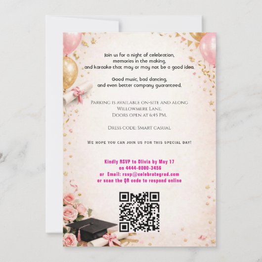 🎓With QR code Pink &  Balloon Glow Graduation 招待状 (裏面)