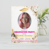 🎓With QR code Pink & Floral Celebration Grad 招待状 (スタンド正面)