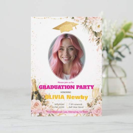 🎓With QR code Pink & Floral Celebration Grad 招待状 (スタンド正面)