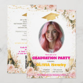 🎓With QR code Pink & Floral Celebration Grad 招待状 (正面/裏面)