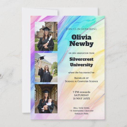 🎓With QR Code Rainbow Marble  Graduation Party 招待状 (正面)