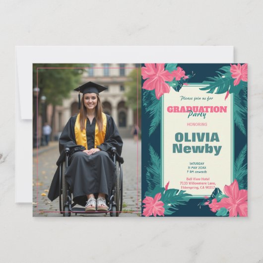 🎓With QR code Tropical Bloom Photo  招待状 (正面)