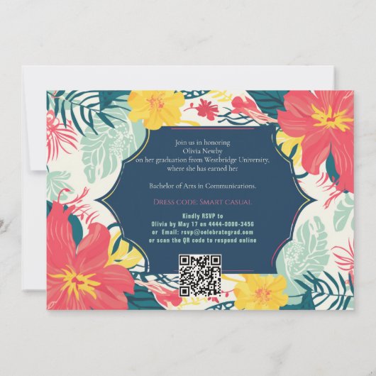 🎓With QR code Tropical Bloom Photo  招待状 (裏面)