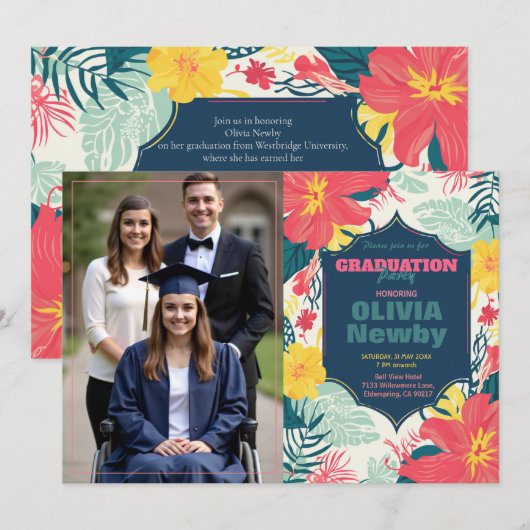 🎓With QR code Tropical Bloom Photo  招待状 (正面/裏面)