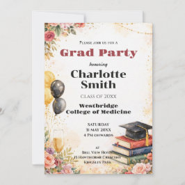 🎓With QR Watercolor Floral Graduation Party 招待状