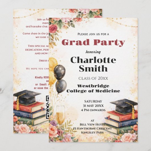 🎓With QR Watercolor Floral Graduation Party 招待状 (正面/裏面)