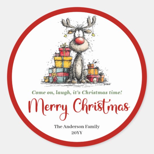 Witty whimsical reindeer sticker funny deer doodle ラウンドシール (正面)