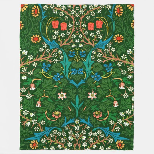 WMモリスブラックソーンアールヌーボーパターン フリースブランケット (正面)