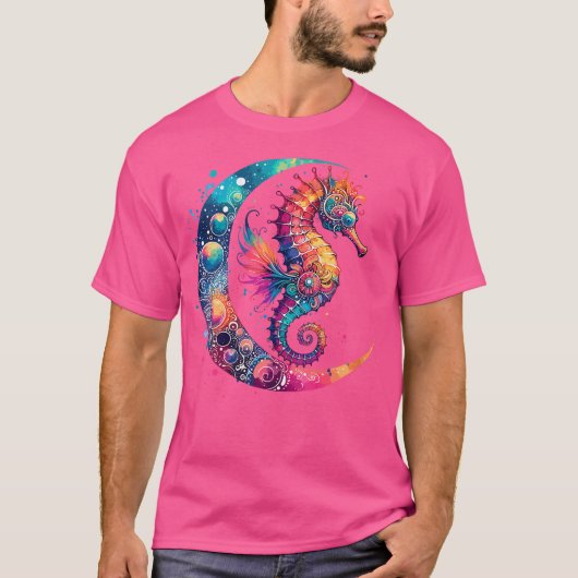 Wo Cosmic Celestial Seahorse Boho Moon Tシャツ (正面)