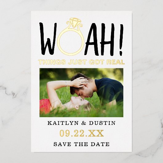 Woah写真モダン日付の保存実在 箔招待状 (正面)