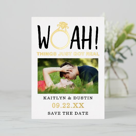 Woah写真モダン日付の保存実在 箔招待状 (立ち正面)