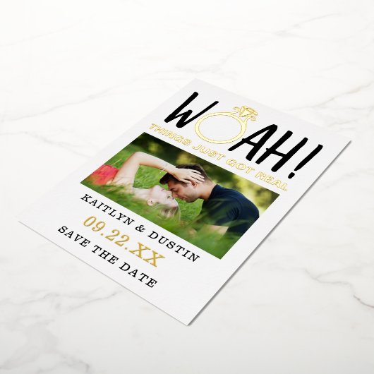 Woah写真モダン日付の保存実在 箔招待状 (回転した状態)