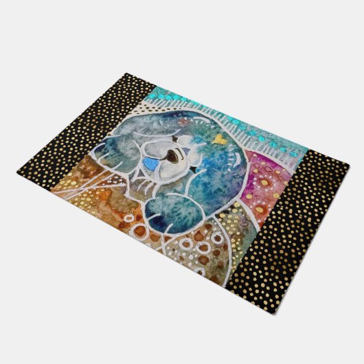 WOBBLE-ROCK Chow犬の水色ろうけつ染め50x84" ドアマット (アングル)