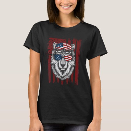 Wolf American Flag Usa 4th Of July Men Women Wol Tシャツ (正面)