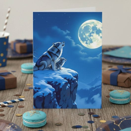 Wolf and Baby Cub Howling at the Moon Birthday カード