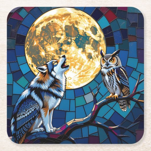 Wolf and Owl Mosaic Art スクエアペーパーコースター (正面)