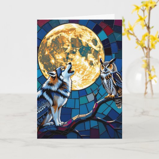  Wolf and Owl Mosaic Art | Happy Birthday カード (黄色い花)