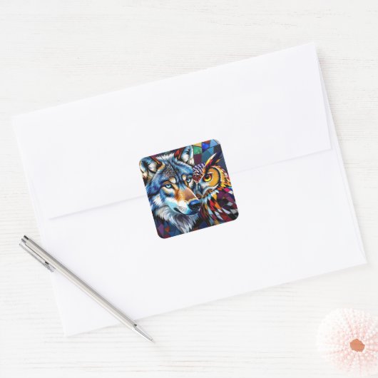 Wolf and Owl Vibrant and Colorful スクエアシール (封筒)