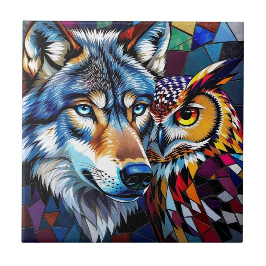 Wolf and Owl Vibrant and Colorful  タイル (正面)