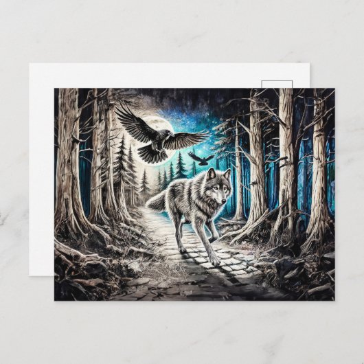 Wolf and Raven in Moonlight ポストカード (正面/裏面)