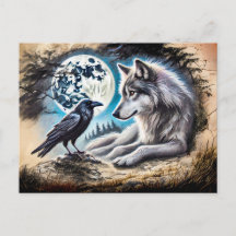 Wolf and Raven on Rock at Full Moon