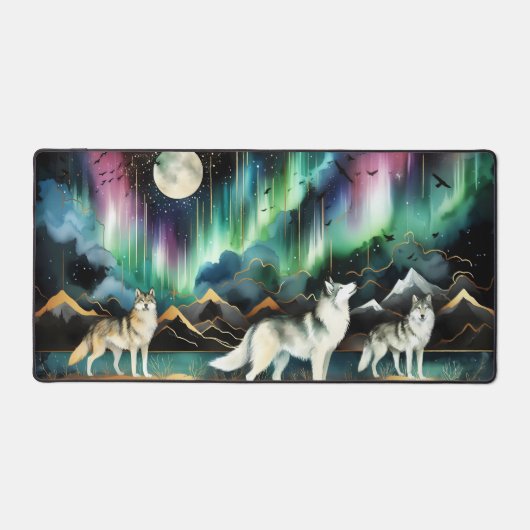 Wolf Aurora Borealis Desk Mat Northern Lights デスクマット (正面)