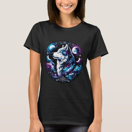 Wolf Celestial Dream Night Howling Moon Funny Wolv Tシャツ (正面)