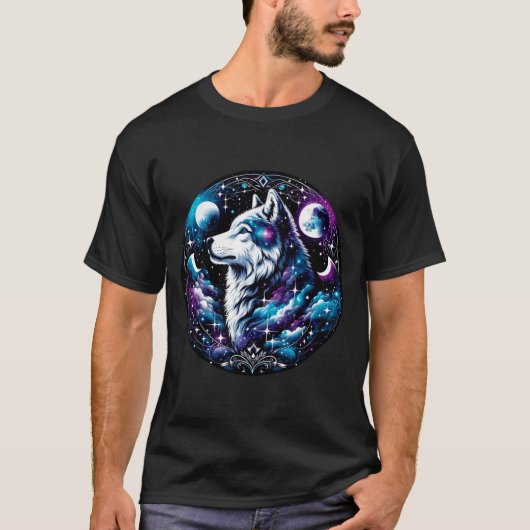Wolf Celestial Dream Night Howling Moon Funny Wolv Tシャツ (正面)