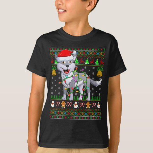 Wolf Christmas Lights Funny Santa Ugly Sweaters Cu Tシャツ (正面)