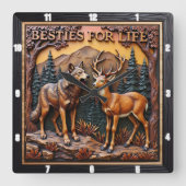 Wolf Deer Mixed Pair Forest スクエア壁時計 (正面)