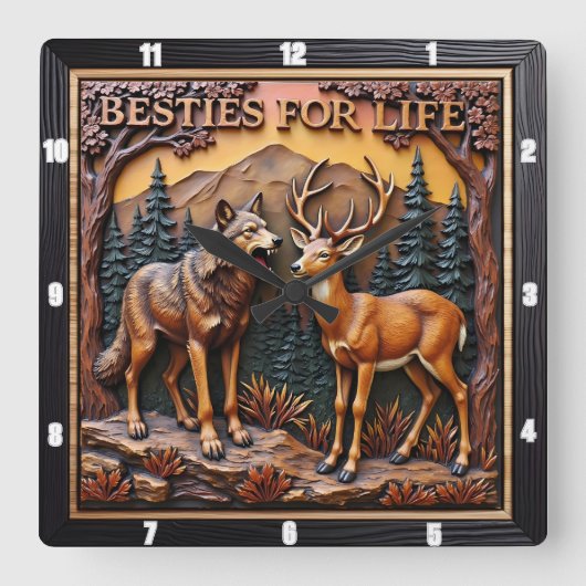 Wolf Deer Mixed Pair Forest スクエア壁時計 (正面)