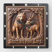 Wolf Deer Pair Wood Carving スクエア壁時計 (正面)