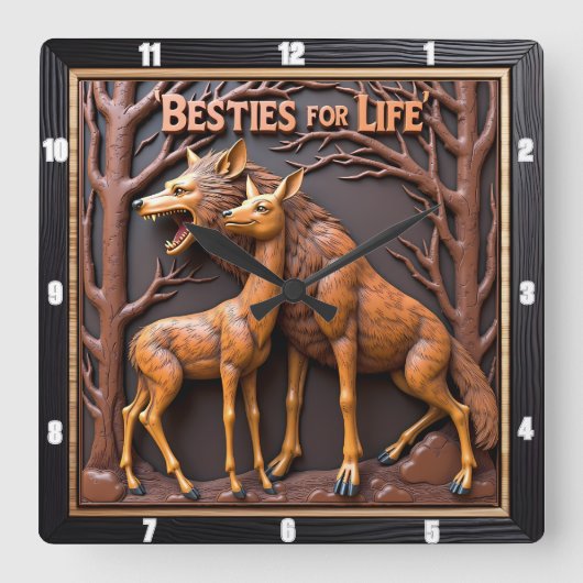Wolf Deer Pair Woodland スクエア壁時計 (正面)