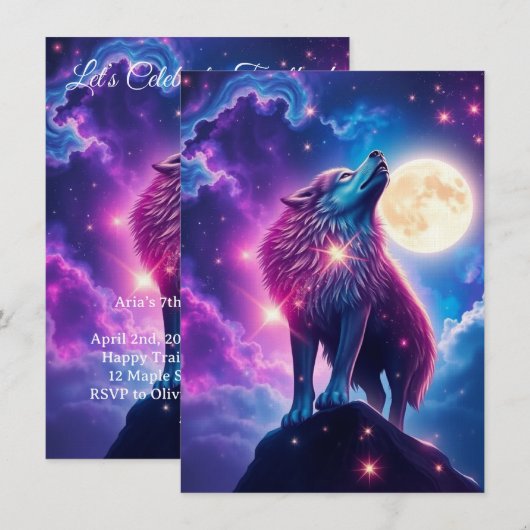 Wolf Galaxy Stars Cosmic Birthday Party 招待状 (正面/裏面)