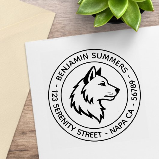 Wolf Head Profile Round Address ラバースタンプ