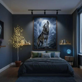 Wolf Howling at Full Moon with Lightning Storm ポスター