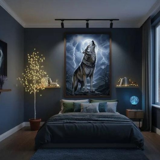 Wolf Howling at Full Moon with Lightning Storm ポスター