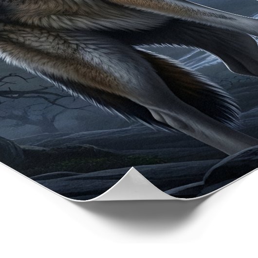 Wolf Howling at Full Moon with Lightning Storm ポスター (角)