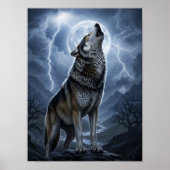 Wolf Howling at Full Moon with Lightning Storm ポスター (正面)