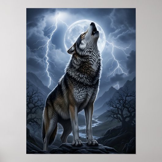 Wolf Howling at Full Moon with Lightning Storm ポスター (正面)