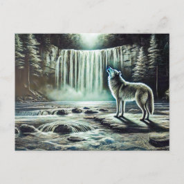 Wolf Howling at Moon by Waterfall ポストカード