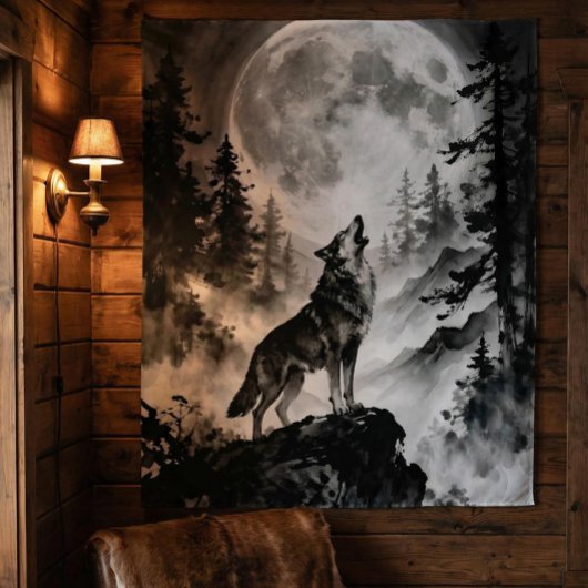 Wolf Howling at Moon Tapestry | Dark Forest タペストリー