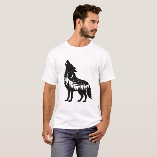 Wolf Howling Forest Stars Moon animal lover Tシャツ (正面フル)