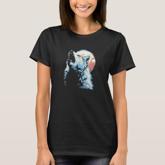 Wolf Howling With Full Moon in Background - Wolf L Tシャツ (正面)